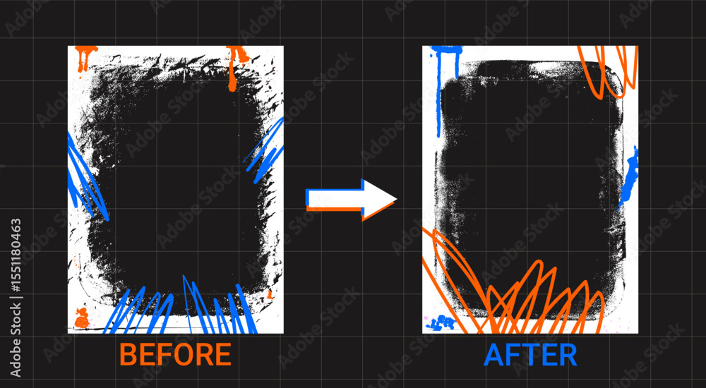Poster before and after template. graffiti frames for photo comparison. competition layout borders with gru