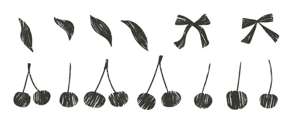 Cherry charcoal drawn set. Berries with bows and leaves doodle isolated on white background. Fruits grunge textured elements. Vector kid naive illustration by pencil.