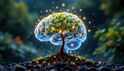 stock photo, a glowing brain with a tree growing from it, symbolizing environmental consciousness and ecological thinking, sharp focus, with absolutely no text, no logos, no letters, no words