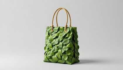 stock photo, 3d render of a shopping bag made from woven green leaves, concept for sustainable shopping and biodegradable materials, sharp focus, with absolutely no text, no logos, no letters