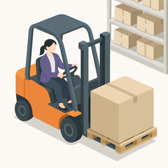 Isometric Detailed Forklift with Operator and Box Warehouse Equipment Illustration
