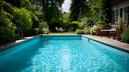 Serene outdoor swimming pool in a lush home garden with natural sunlight, soft blurred surroundings and tranquil atmosphere, perfect for relaxation and leisure.
