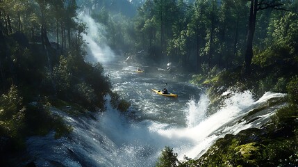 Kayakers navigating a river with rapids and forest