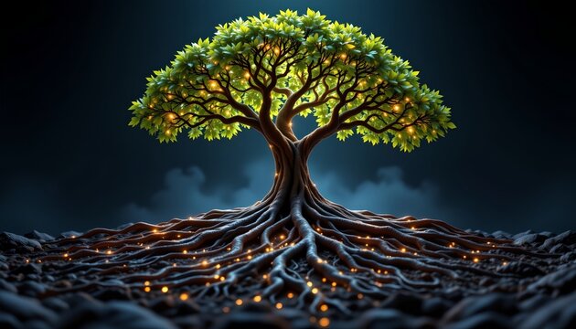 stock photo, 3d render of a complex root system of a tree, glowing and intricate, representing a strong foundation and connection to the earth, sharp focus, with absolutely no text, no logos