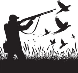 Dynamic Hunting Silhouette  Hunter Aiming Shotgun at Flying Pheasants.  Action Scene Art.new 2025 trendy
