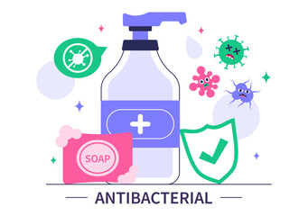 Antibacterial Vector Illustration Featuring Handwashing, Virus Prevention, and Microbe Control for Hygiene and Healthcare in a Flat Background