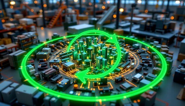 stock photo, a glowing green arrow forming a circle around a factory, representing a closed loop production system, sharp focus, with absolutely no text, no logos, no letters, no words, not blurry.