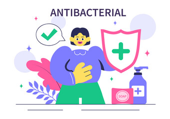 Antibacterial Vector Illustration Featuring Handwashing, Virus Prevention, and Microbe Control for Hygiene and Healthcare in a Flat Background