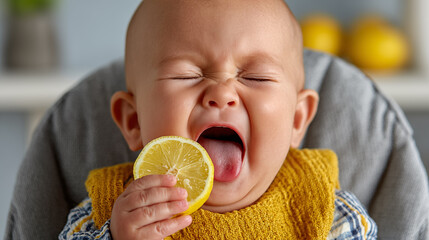 baby eating lemon at home, closeup of adorable infant eating lemon