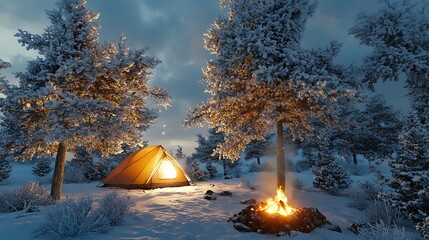 Winter camping with tent and campfire in the woods