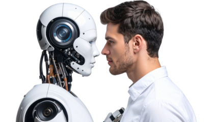 Human and Robot Sharing Eye Contact with Mutual Respect isolated on white background
