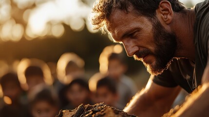A dedicated man immersed in an outdoor activity surrounded by children, highlighting themes of mentorship, community involvement, and the importance of connection and learning together.