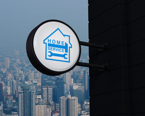 Hammer and wrench with house icon on hanging black rounded signboard over modern city tower, office building and skyscraper, Business home service concept, 3D rendering