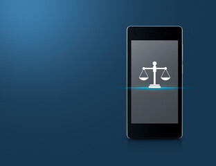 Law flat icon on modern smart mobile phone screen over light blue background, Business legal service online concept