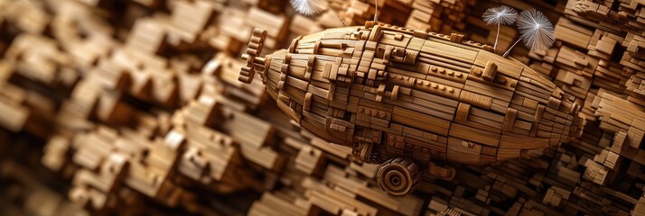Detailed close-up of a stylized wooden airship, intricate and complex