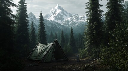 Tent in the forest with snowy mountains in the back