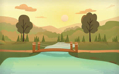 Sunset field area or farmer village, water lake and wood bridge vector illustration cartoon background