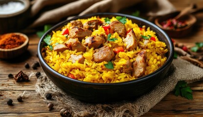 Bowl of yellow rice with chicken and vegetables