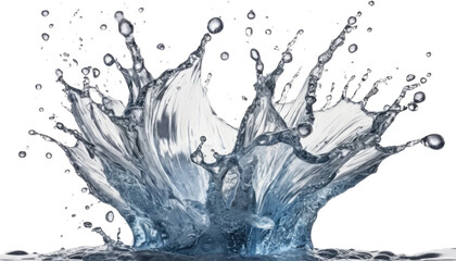 Blue water splash isolated on white, with clear, fresh liquid drops and abstract motion