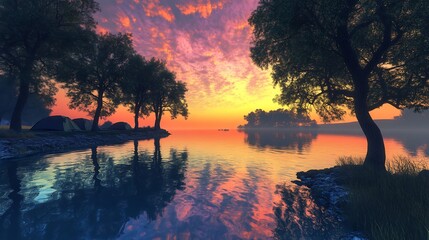 Lake view with tents and trees under sunset sky