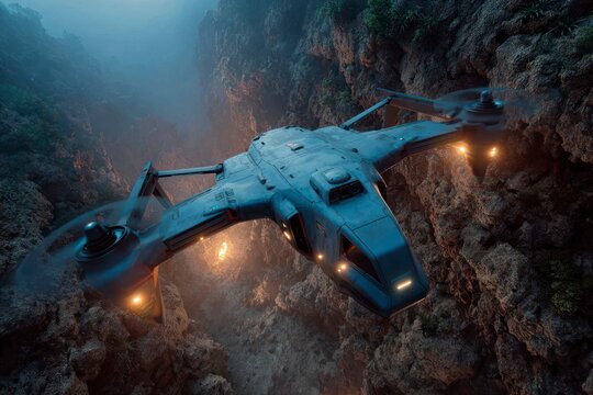 futuristic drone hovering  over crater, transmitting data to an orbiting satellite. Robotics, navigation, and communication drive science mission.