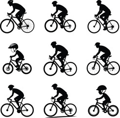 Fototapeta premium Collection of Cyclist Silhouettes Riding Bicycles with and without Helmets