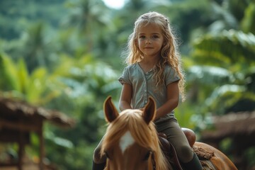 Young Blonde Girl Riding Brown Horse in Jungle, Closeup Photo.Fictional Character Created By Generative AI