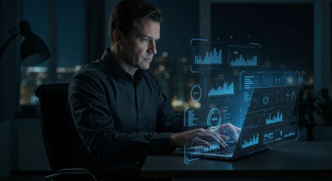 Data analytics expert working with a futuristic interface on his laptop at night