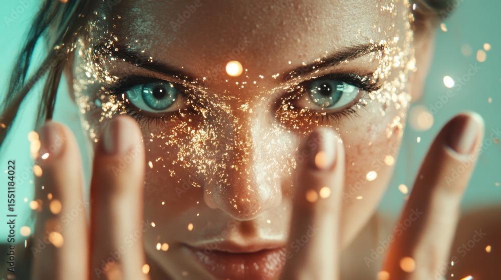Poster a captivating close-up of a woman’s face is enhanced with sparkling elements, creating an artistic a