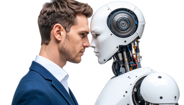 Human and Robot Sharing Eye Contact with Mutual Respect isolated on transparent background. Png
 - Powered by Adobe