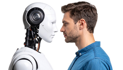 Human and Robot Sharing Eye Contact with Mutual Respect isolated on transparent background. 