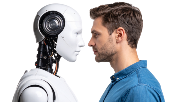 Human and Robot Sharing Eye Contact with Mutual Respect isolated on transparent background. 