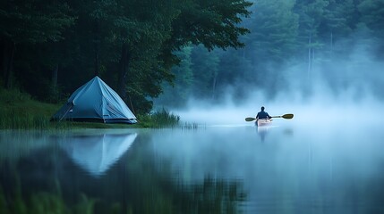 A tent and kayaker on a misty lake at dawn light