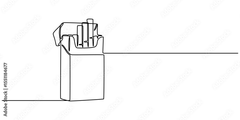Poster continuous line vector illustration of a pack of filter cigarettes, Vector illustration, open cigarette pack in one line, cigarette box continuous one line drawing, single line of cigarettes in pack.