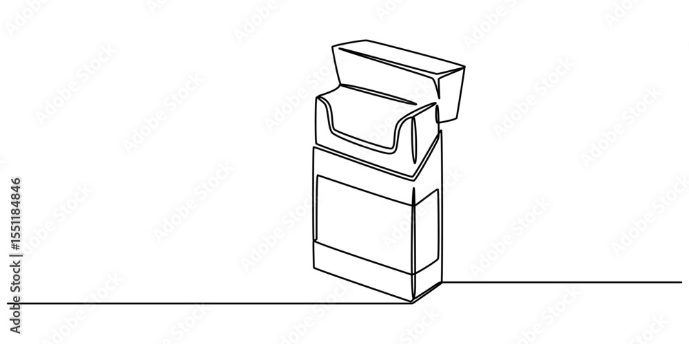 Poster continuous line vector illustration of a pack of filter cigarettes, Vector illustration, open cigarette pack in one line, cigarette box continuous one line drawing, single line of cigarettes in pack.