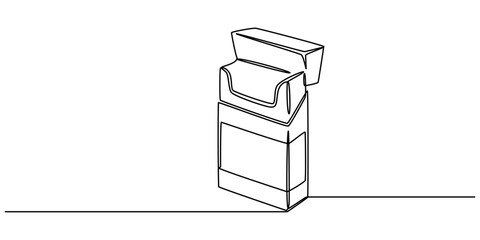 continuous line vector illustration of a pack of filter cigarettes, Vector illustration, open cigarette pack in one line, cigarette box continuous one line drawing, single line of cigarettes in pack.
