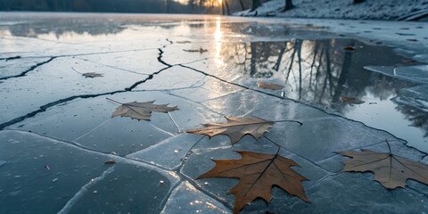 Cracked sheet of ice on a frozen puddle — layers, trapped leaves, and light reflections