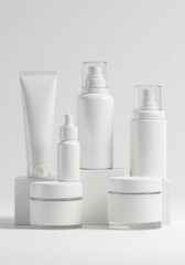 A stylish arrangement of white cosmetic products for beauty and skincare.