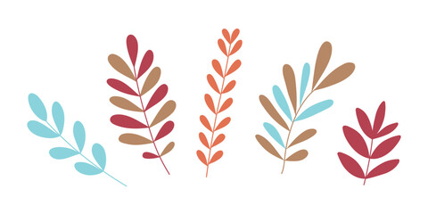 Hand drawn leaves set isolated on white background. Simple flat style