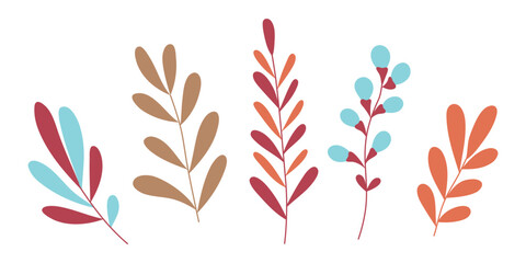 Hand drawn leaves set isolated on white background. Simple flat style