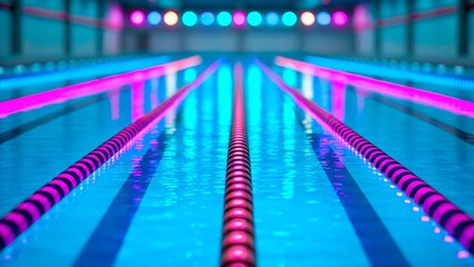 Colorful swimming lanes illuminated by vibrant lights in an indoor pool during a late evening workout session