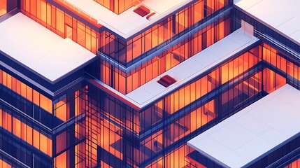 Geometric building with glass and orange reflections