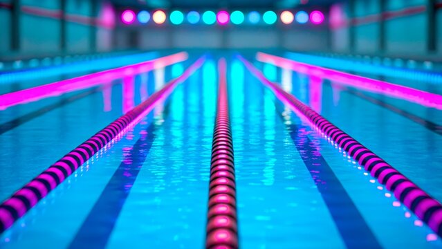 Colorful swimming lanes illuminated by vibrant lights in an indoor pool during a late evening workout session