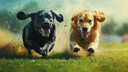 Two Dogs Running in a Field