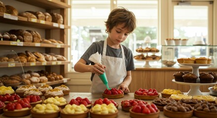 Young baker adorning fruit tarts in a bright bakery with shelves of bread