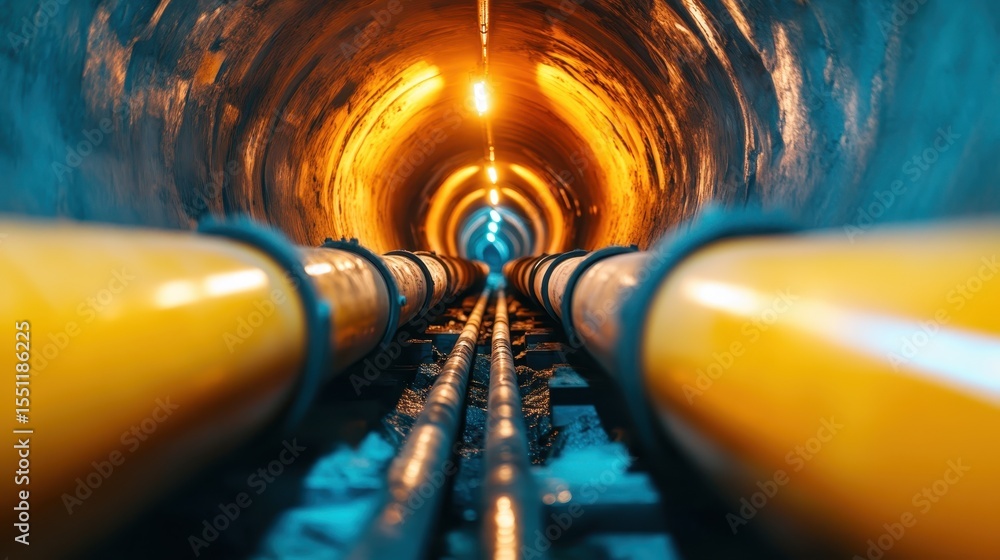 Poster this image showcases a surreal tunnel lined with orange-lit pipes, creating an abstract yet industri