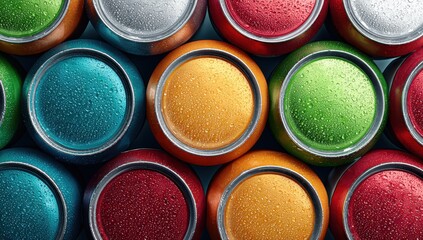 Colorful, condensation-covered aluminum beverage cans arranged in a close-up, overhead shot, showcasing vibrant hues and textures