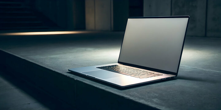 Sleek laptop with glowing keyboard on concrete surface in moody light