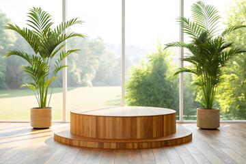 Fototapeta premium Modern Indoor Wooden Stage with Plants and Scenic View Through Glass Windows
