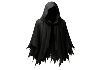 Shadowy hooded figure wearing tattered black cloak, levitating against transparent backdrop, perfect for supernatural design applications